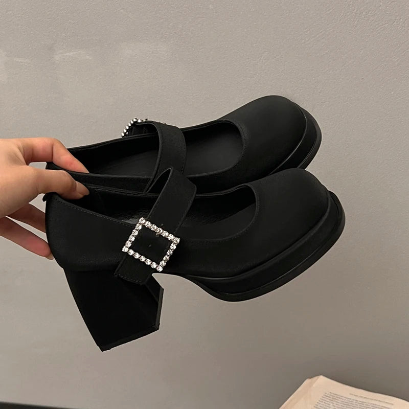 Elegant Chunky Heel Mary Jane Shoes Women 2025 Crystal Buckle Strap Platform Pumps Woman Thick High Heeled Party Shoes Ladies