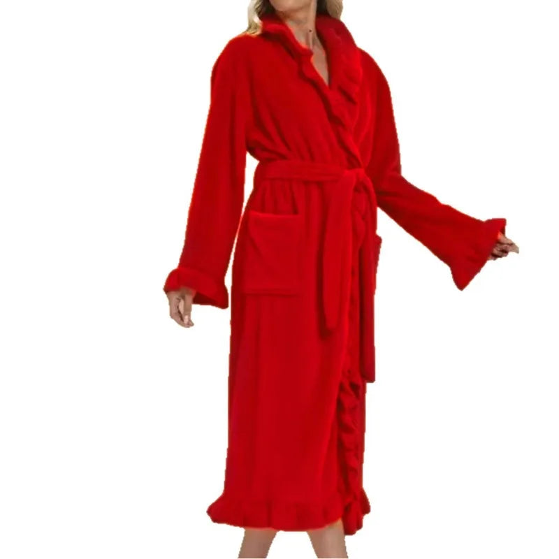 New Women's Long Warm Robe Home Wear Autumn and Winter Coral Velvet Thickened Bathrobe Casual Soft Solid Lace Up Loungewear