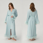 Satin Feather Trim Bridal Morning Gown for Women Long Sleeve Belted Maxi Robe Elegant Soft Home Bathrobe Sleepwear Loungewear
