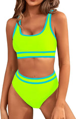 Women's High Waisted Bikini Sets 2026 Sporty Two Piece Swimsuits Color Block Cheeky High Cut Bathing Suits Summer Biquini Black