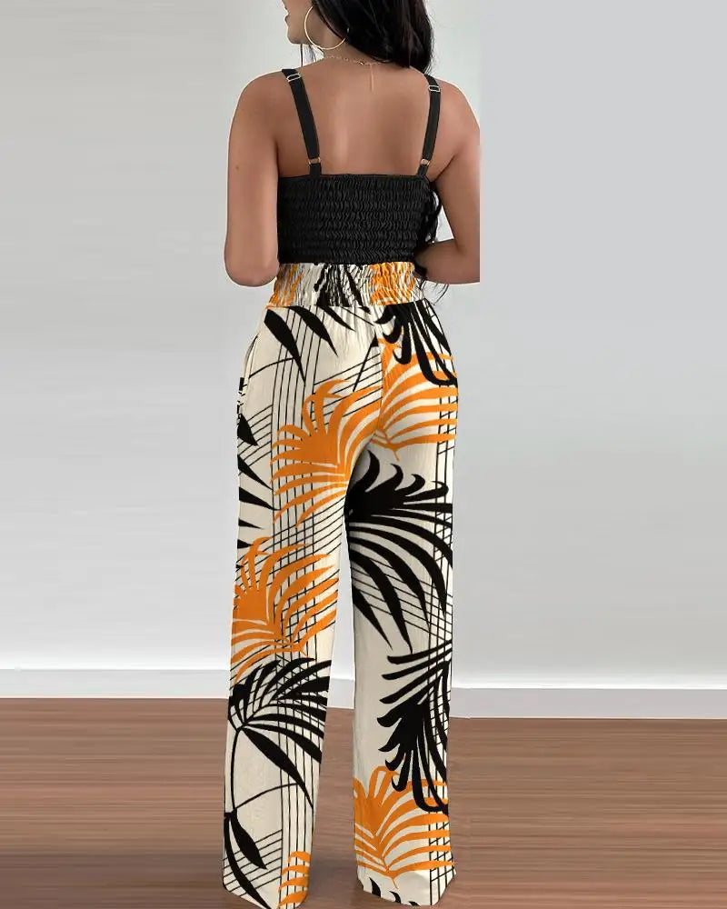 Women's Two Piece Sets Fashion Print Halter V-Neck Short Tank Suit Tops Long Pants Matching Set Summer Casual Female Slim Pants