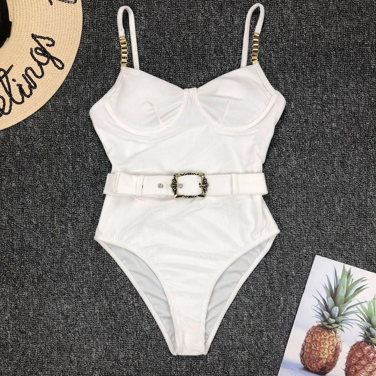 2026 High Quality Sexy One Piece Swimsuit Swimwear Women Push Up Pit Striped Metal Chain Straps Bathing Suit Beachwear with Belt