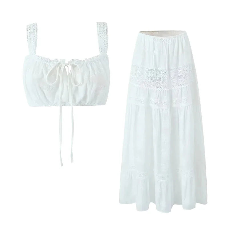 Lace Skirt Set Dress Summer Women Beach Holiday Sexy Cotton Matching Set Outfits Spring White 2 Pcs Vestidos Female Set 2025