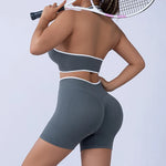 2pcs Women's Seamless Push-up Sports Vest Bra Set with High Elastic Hip Lifting Shorts for Running Aerobics Yoga