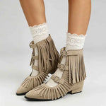 Women's Vintage Fringe Summer Ankle Boots Bohemian Buckle Straps Pointed Toe Ethnic Tassel Hollow Out Western Cowgirls Shoes