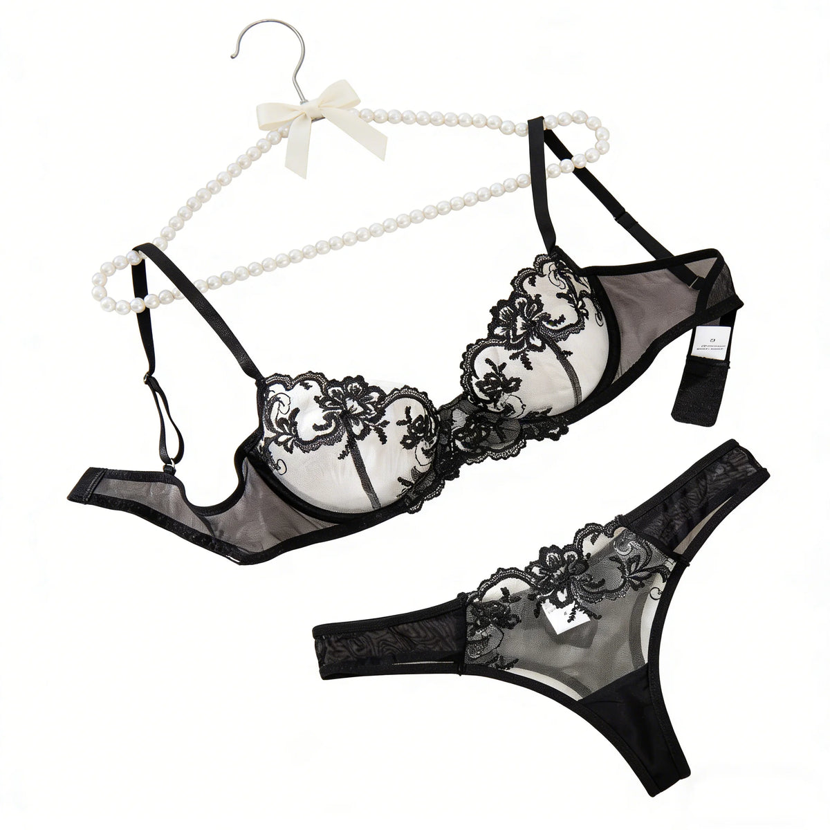 Black Embroidered Floral Pattern Pajama Set - A Sexy Bra and Stockings Combination Set for Women ZA824034