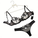 Black Embroidered Floral Pattern Pajama Set - A Sexy Bra and Stockings Combination Set for Women ZA824034