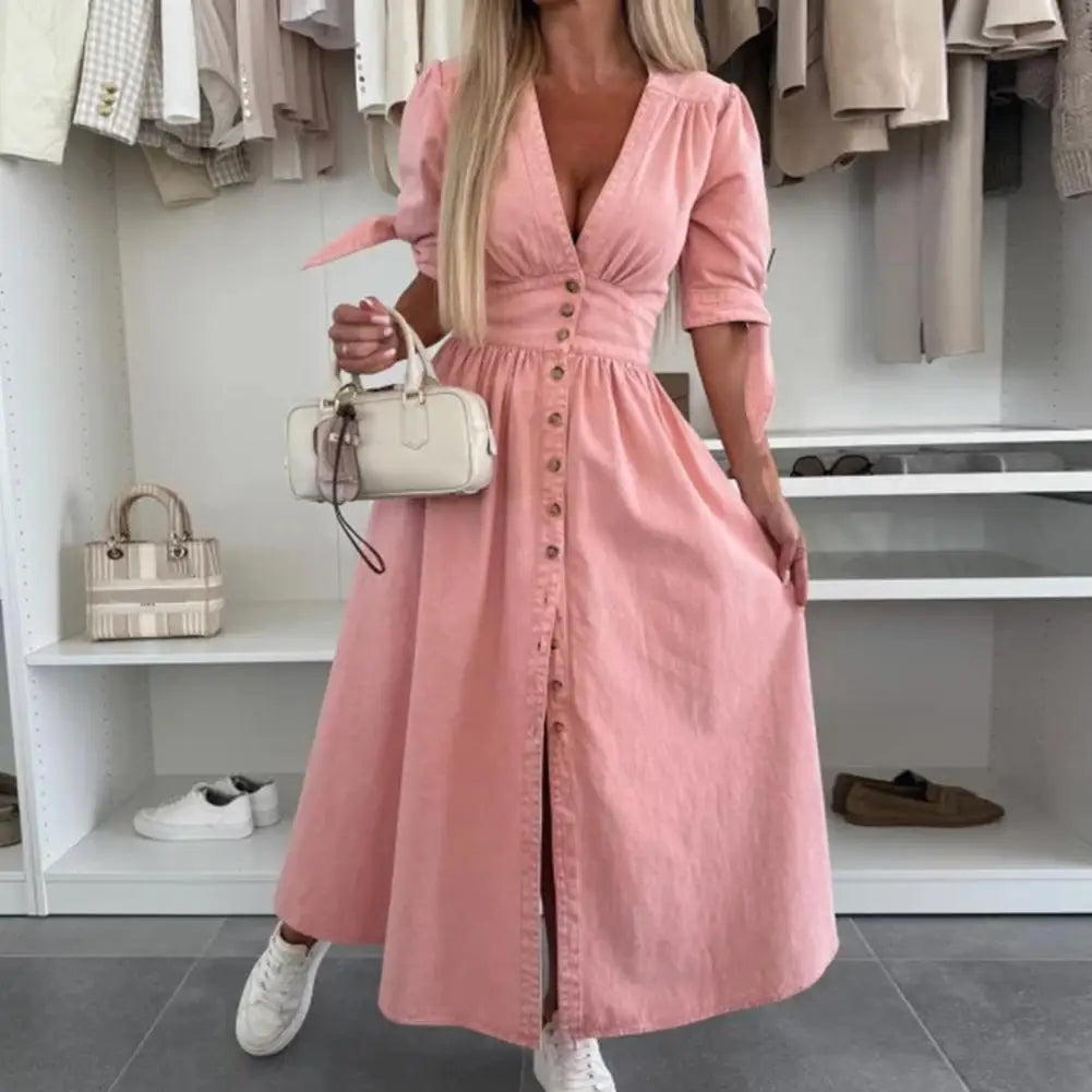 Women's Denim Long Dress Short Sleeve V-Neck Button Down Maxi Dress Casual Jean Dress for Spring Summer