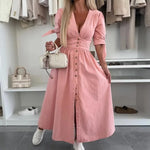 Women's Denim Long Dress Short Sleeve V-Neck Button Down Maxi Dress Casual Jean Dress for Spring Summer