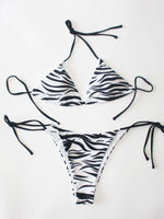 Ladies Zebra Stripe Print Bikini Set Casual Sexy Backless Tie Swim Top Beach Vacation Fashionable Side Tie Swim Bottoms