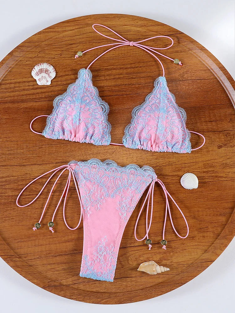 ZRTAK Sexy Lace bordered Bikini Micro Thongs Bathing Suit Swimsuit Women Biquini Bandage Beachwear Swimwear 2 Piece Bikini Sets