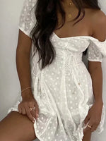 White lace embriodery summer beach dress women elegant hollow out lace up short dress off shoulder puff sleeve sheer dress 2025