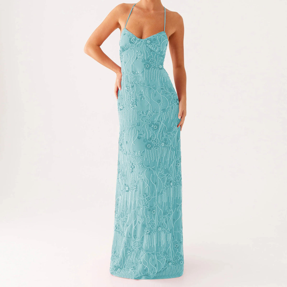 Elegant Sequin Beaded Women Maxi Dresses Flower Embroidery Sleeveless Party Cami Dress Summer Criss Cross Spaghetti Strap Dress