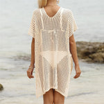Short Sleeve V Neck Hollow Out Crochet Knitted Tunic Beach Dress Beach Wear Beachwear Beach Cover Up Cover-upsFemale Women V8061