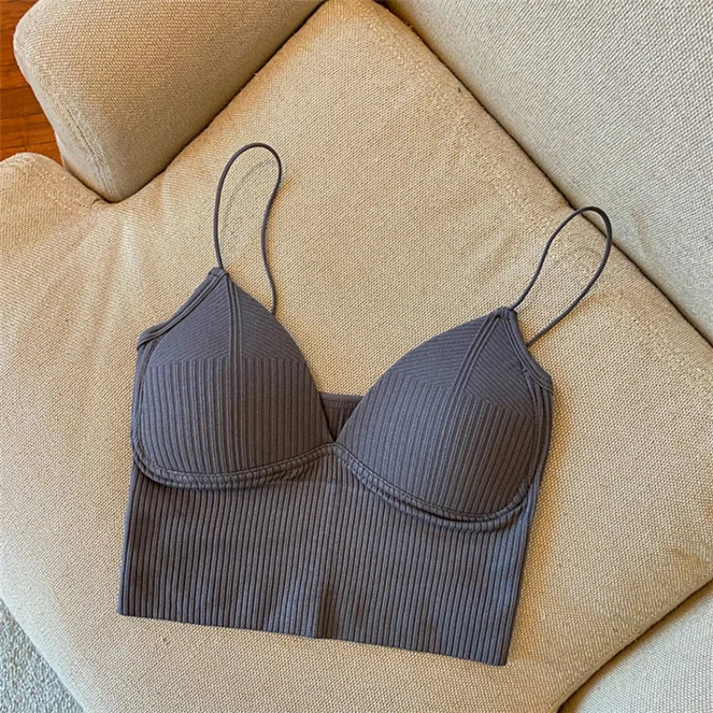 Women Tank Top With Built In Bras Fixed Cup Anti Glare Streetwear Crop Tops Female Seamless Underwear Padded Camisole Summer