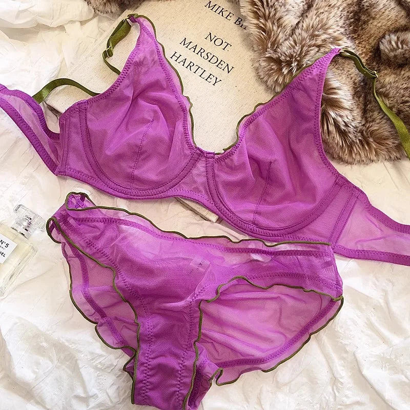 Elegant French Design Minimizer Bra Fashion Triangle Cups Structural Support Ultra Thin Soft Mesh Lingerie Set MOYISU Sexy Tushy