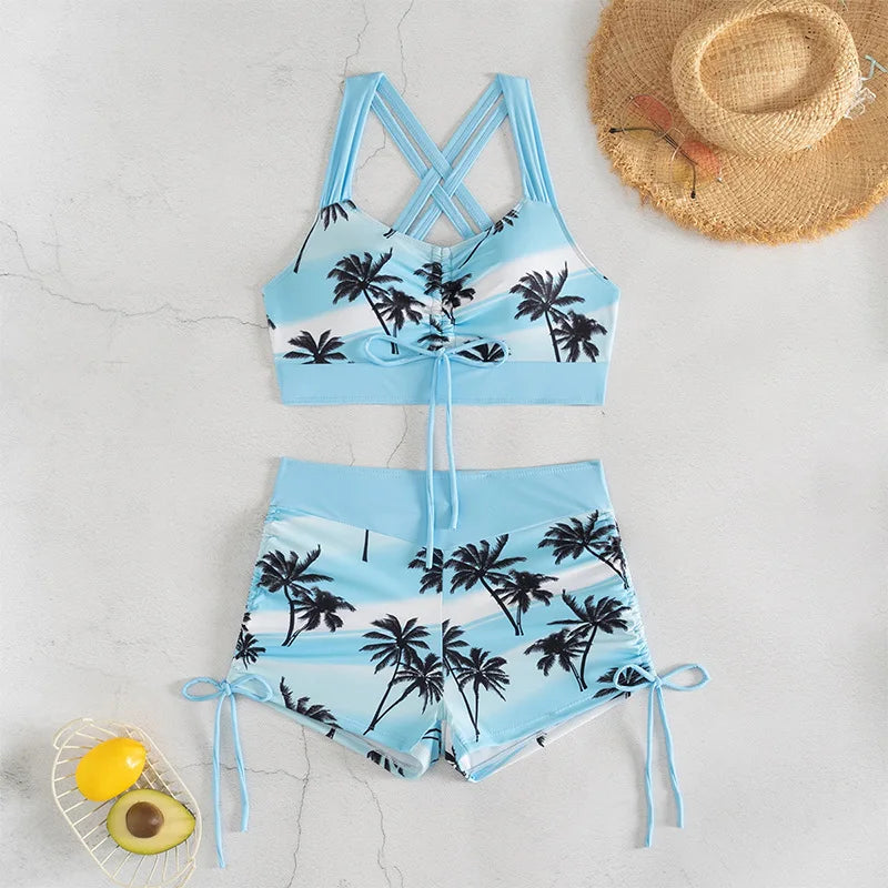 Women's Bathing Suits Two Piece Coconut Tree Print Tankini Swimsuit Woman Summer Sexy Beach Wear Separate Swimwear Female Shorts
