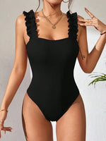 Ribbed Ruffled Frilled Trim Female Swimwear One Piece Swimsuit Women Monokini High Leg Cut Bathing Suit Swim Bodysuit Beach Wear