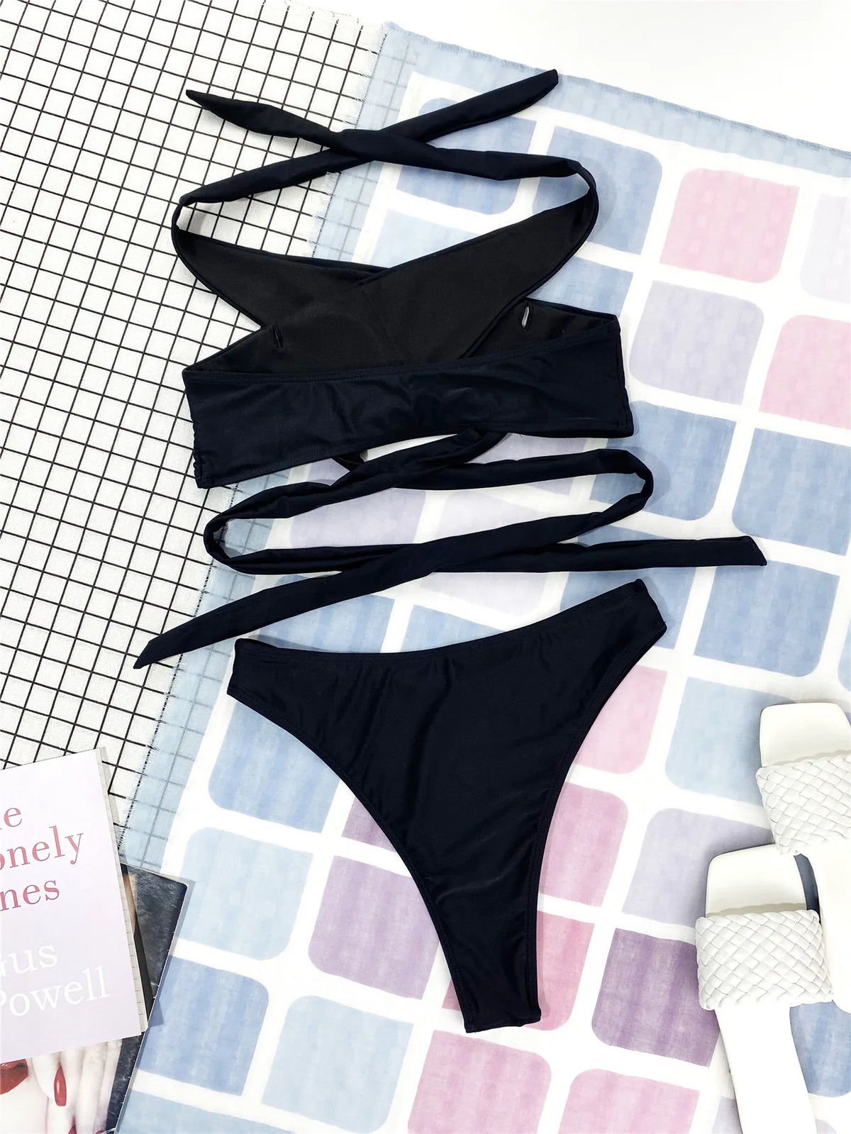 Sexy High Neck Cross Bikini Set 2026 Women Solid White Black Push Up Hollow Out Swimsuit Summer Bathing Suit High Waist Swimwear