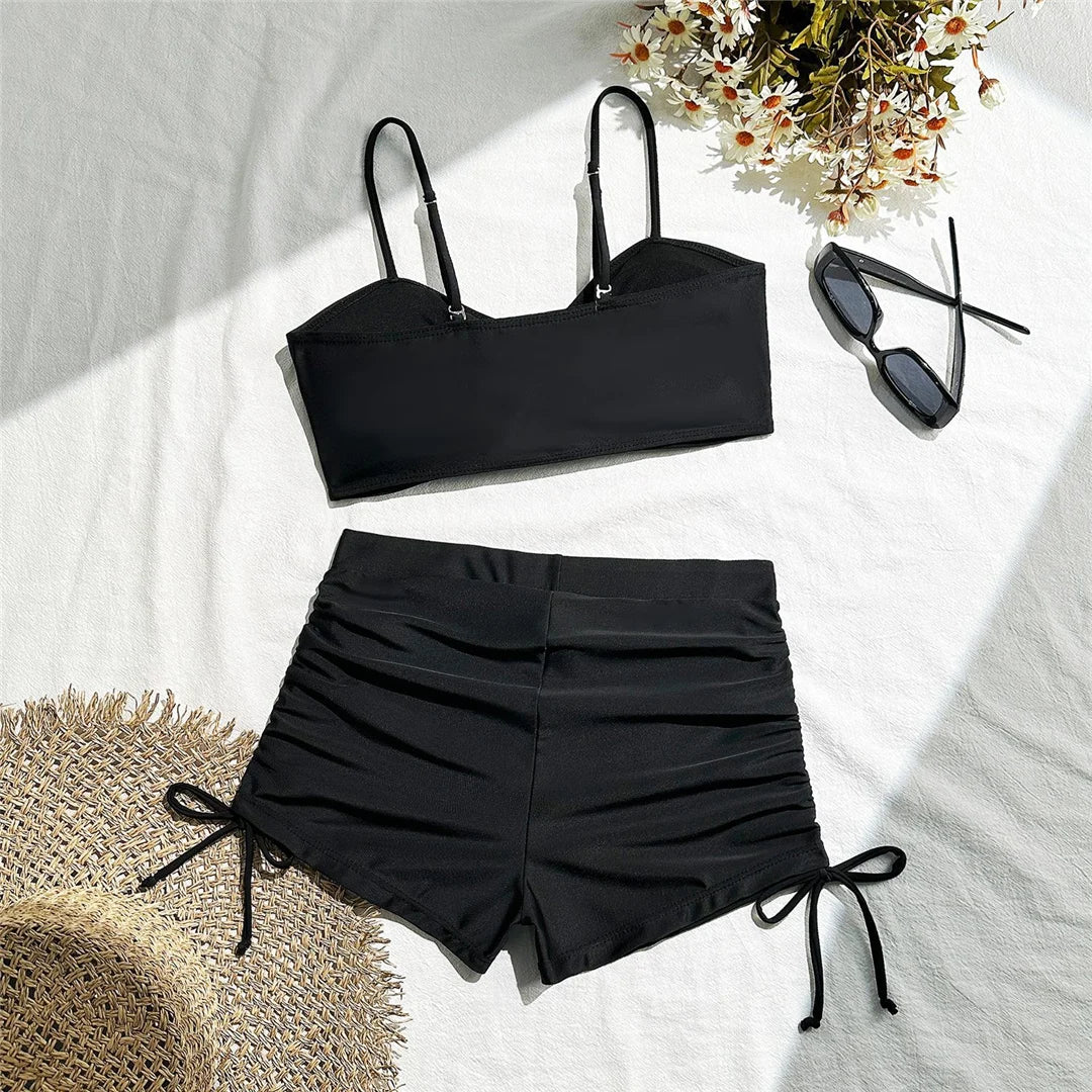 Wrinkled Knotted Shorts High Waist Bikini Female Swimsuit Women Swimwear Two-Pieces Bikini Set Bather Bathing Suit Swim V6197