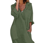 Beach Holiday Dress Women Summer Shirt Dress Lapel V-neck Solid Color Pockets Design Side Split Loose Fit Thin Midi Dress