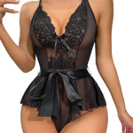 Sexy See Through Lingerie Woman Lace Transparent Underwear Bodysuits Deep V Neck Ruffle Hem Satin Bow Sheer Mesh Teddy Body Suit