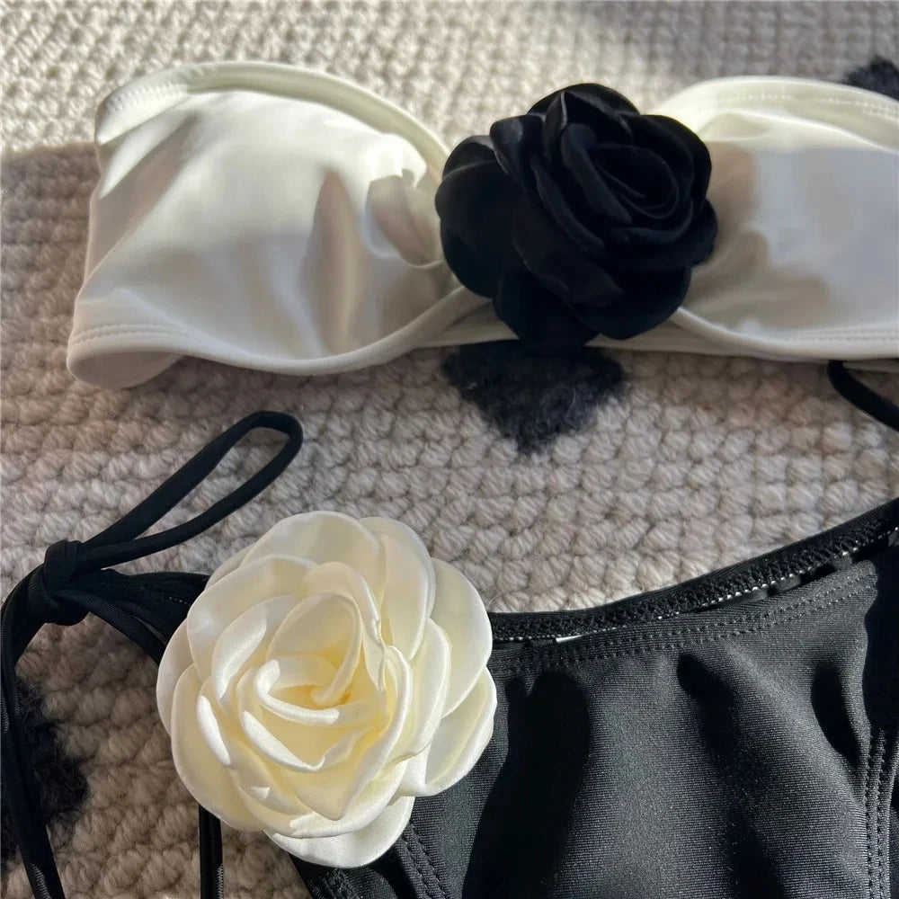 Sexy Flower Bandeau Swimwear Thong Bikini 2026 Women Lace-up Swimsuit Swimming Bathing Suit Brazilian Bikinis Sets Mujer Biquini