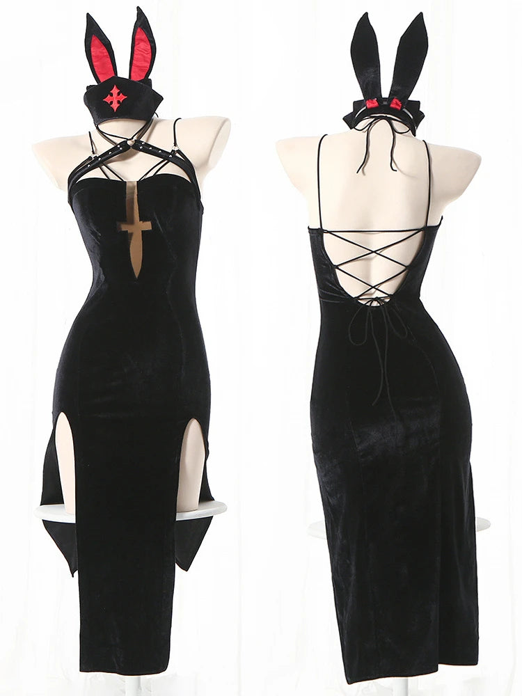 Halloween Latex Nun Costumes Women Sexy Black Leather Bodysuit with Headwear Nun Cosplay Dress Outfits Carnival Party Clothes