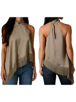 Women's Summer Solid Color Satin Halter Mock Neck Tops Sleeveless Tassel Hem Loose Fit Tank Tops