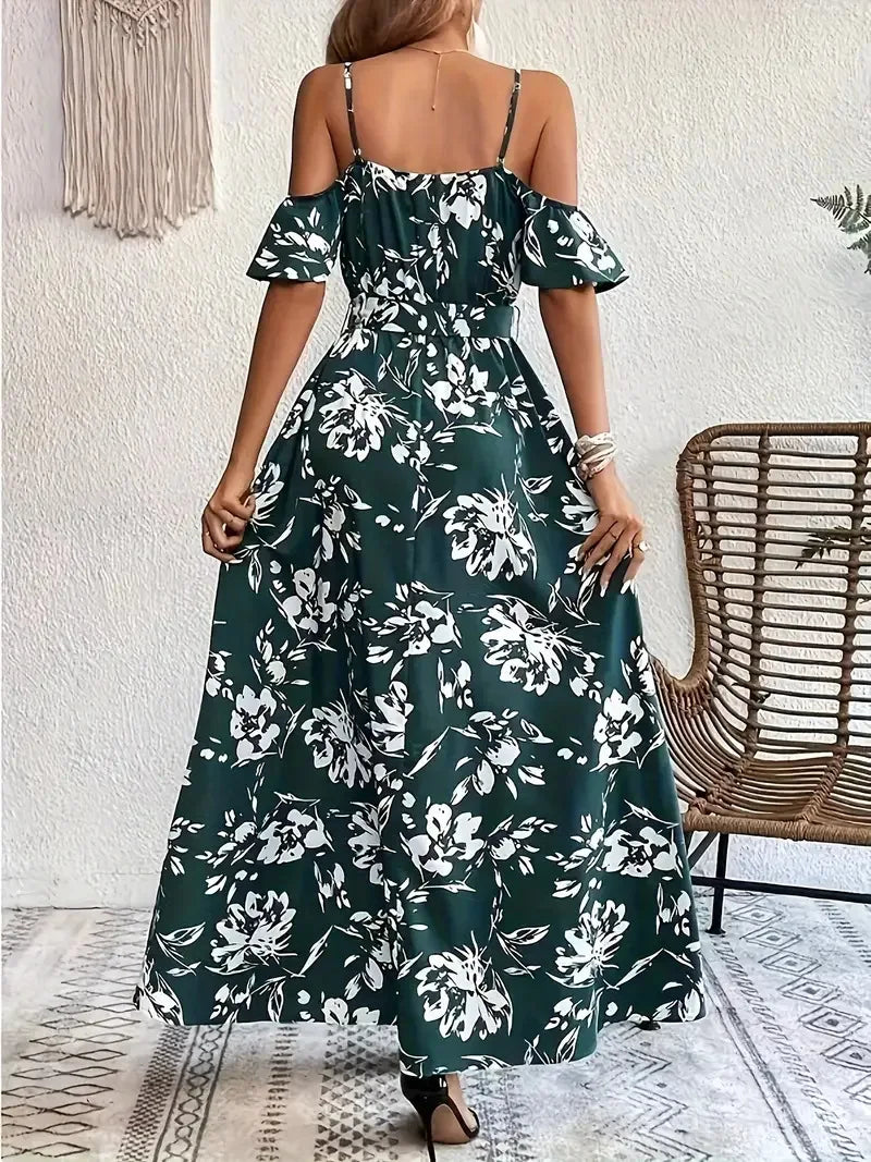 New Summer Women Print Dress 2025 Fashion ElegantVacation Party Short Sleeve Slim V-neck Slit Long Dresses Vestidos Para Mujer