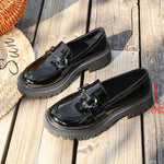 Women Chain Buckle Chunky Lug Sole Loafers, Black Patent & Faux Leather Slip‑On Platform Retro Business Casual Shoes