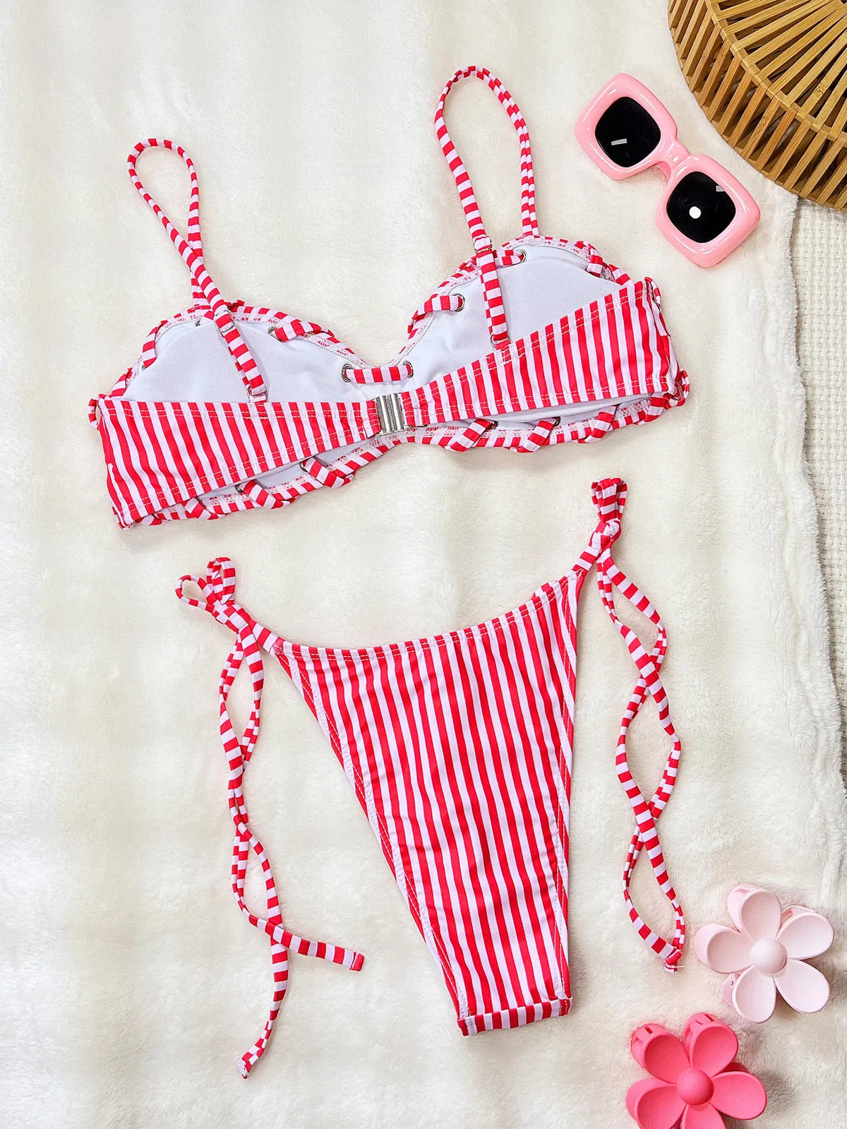 Sexy Pink Stripe Bikini Set Women Halter Braiding Rope Push Up Bra Bandage Thong Swimsuit 2026 Holiday Bathing Suit Swimwear