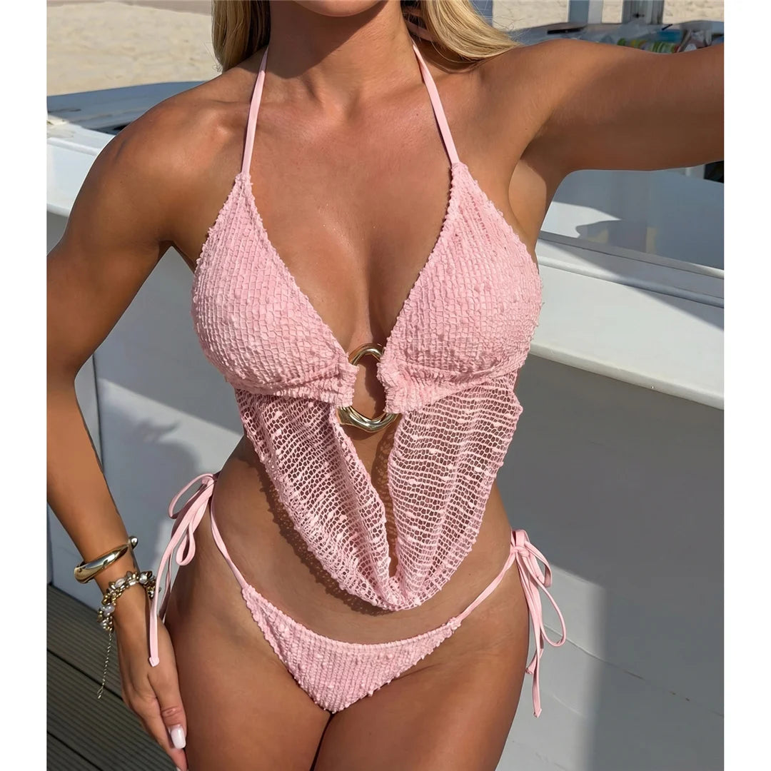 New Hollow Out Tankini Halter Bikini Female Swimsuit Women Swimwear Strappy Bather Bathing Suit Swim Two-pieces Bikini set K8076