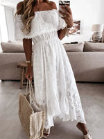 Women Bohemian White Long Dress Short Sleeve Off Shoulder Lace Ruffle Loose Dress Summer Holiday Beach Casual Dresses Female
