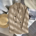 Women Suit Coat Lapel Long Sleeve Double Placket Suit Jacket with Pockets Solid Color Loose Fit Mid-length Business Outerwear