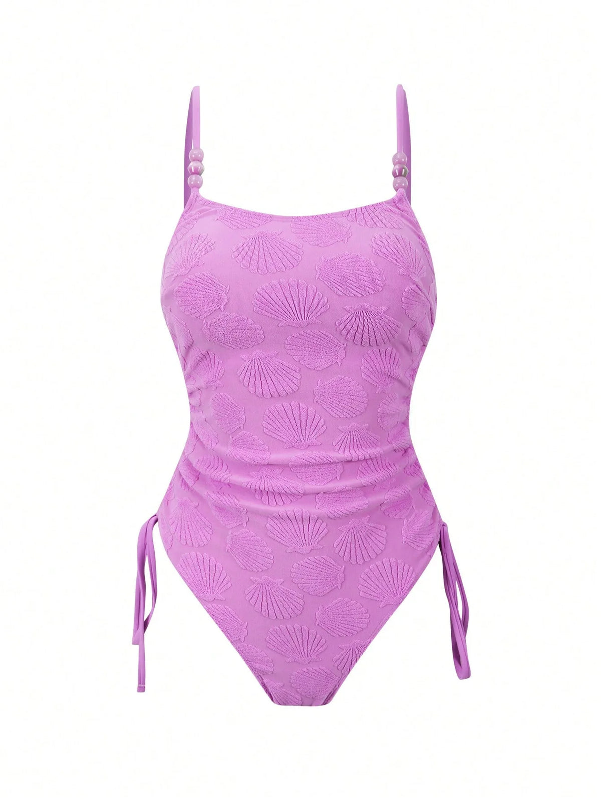 Sexy Purple Shell Print One Piece Swimsuit 2026 Women Pearls Strap Drawstring Side Tummy Control Holiday Bathing Suit Swimwear