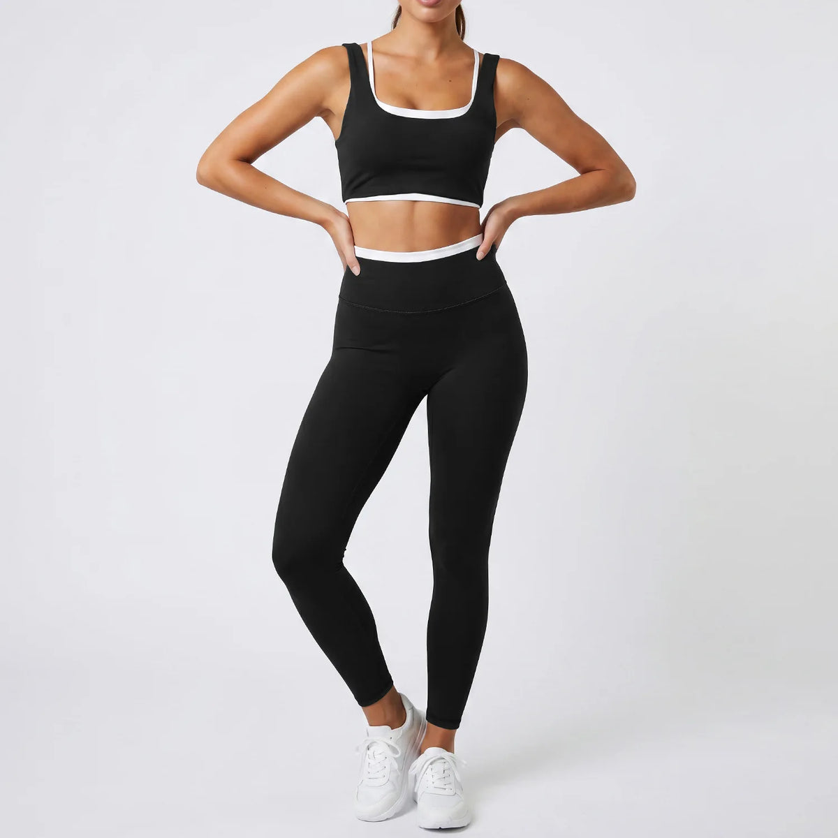 Double Layered Contrasting Yoga Sets Women Shock-absorbing Sports Bra Gym Workout Clothes Outwear High Waist Pants Fitness Suits