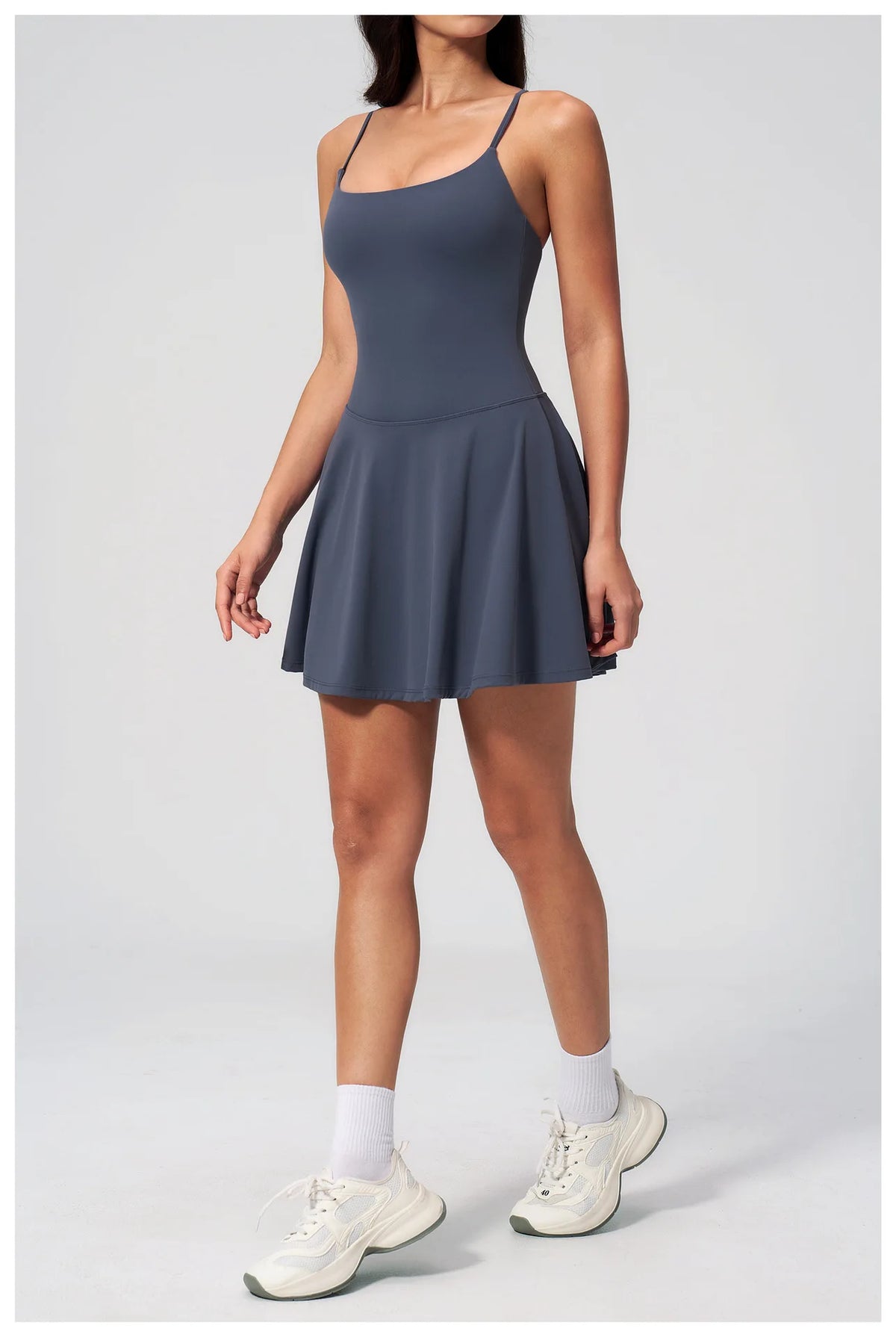 Women Tennis Dress with Shorts Pocket Square Neck Hollow Back Sleeveless One Piece Sports Outfit Fitness Pleate Mini Dresses