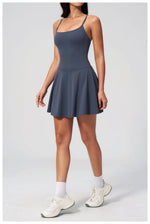 Women Tennis Dress with Shorts Pocket Square Neck Hollow Back Sleeveless One Piece Sports Outfit Fitness Pleate Mini Dresses