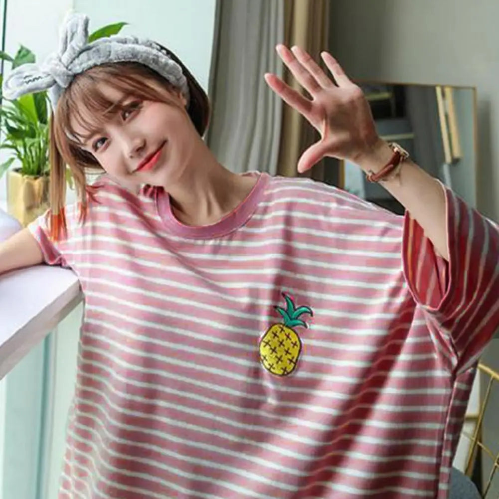 Women Summer Nightdress Short Sleeve Loose Breathable Comfortable Sleeping Polyester Stripes Print Night Robe Women Clothing
