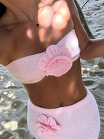 Women’s Two Piece Knit Summer Outfits Strapless 3D Flower Tube Tops and Long Skirt Set Beachwear Sexy Club Holiday Clothes