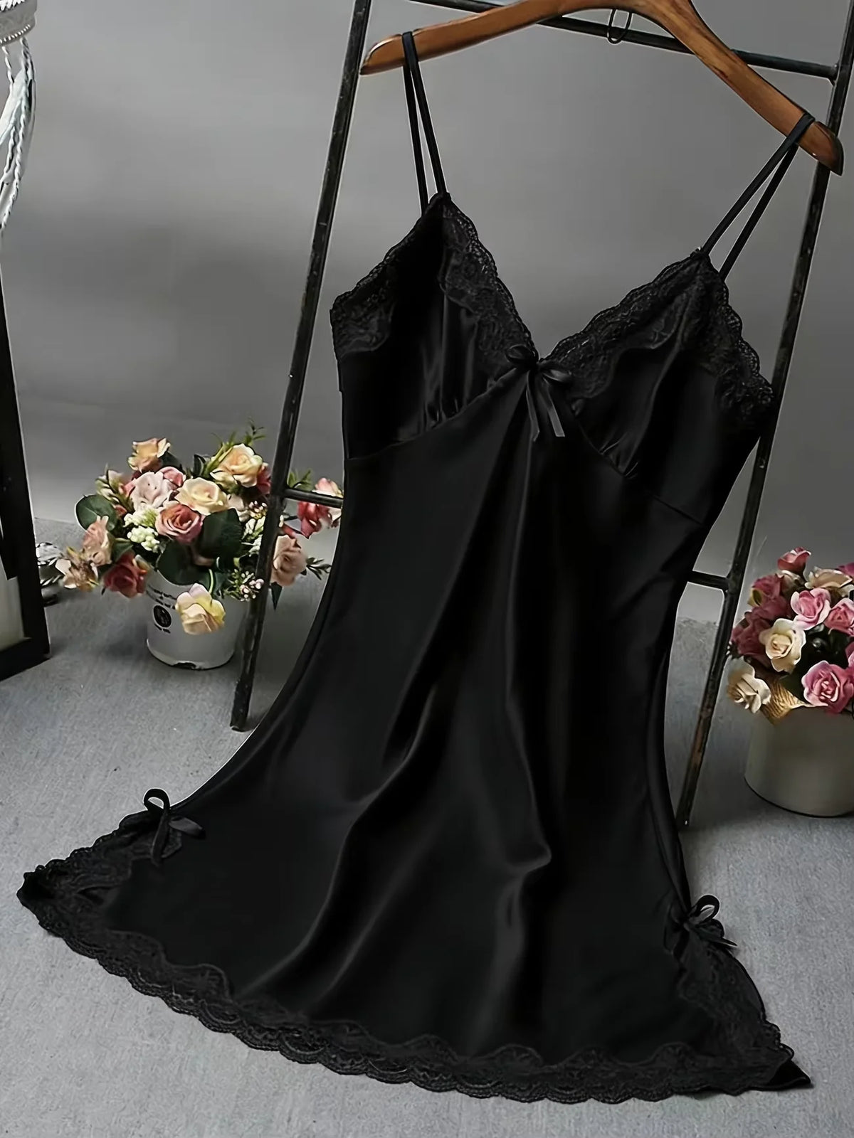 Women Satin Nightdress Lace Trim Slip Dress Sexy Spaghetti Strap Sleepwear Silky Smooth Nightgown Elegant Lingerie Home Wear