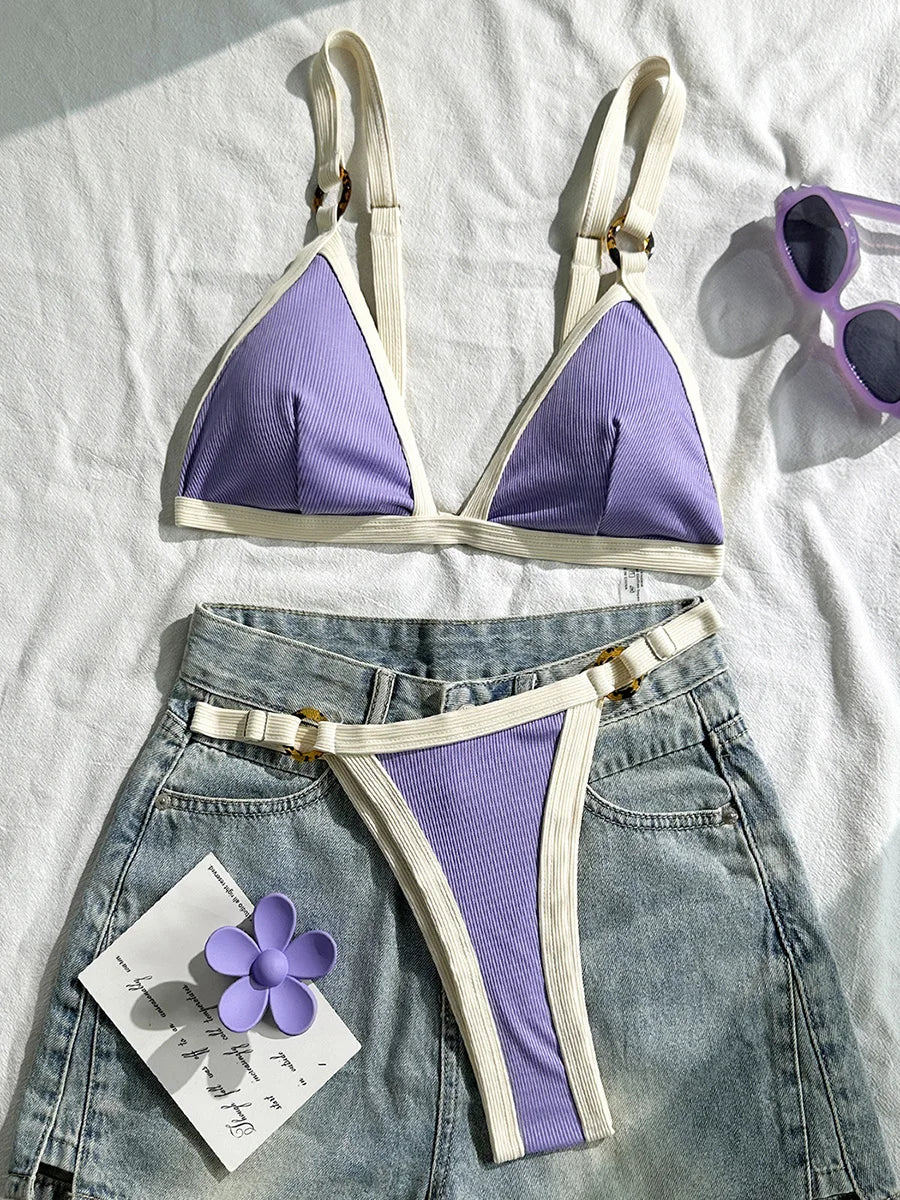 Splicing Ribbed High Cut Ring Mini Micro Bikini Women Swimwear Female Swimsuit Two-pieces Bikini Set Bathing Suit Swim Beachwear