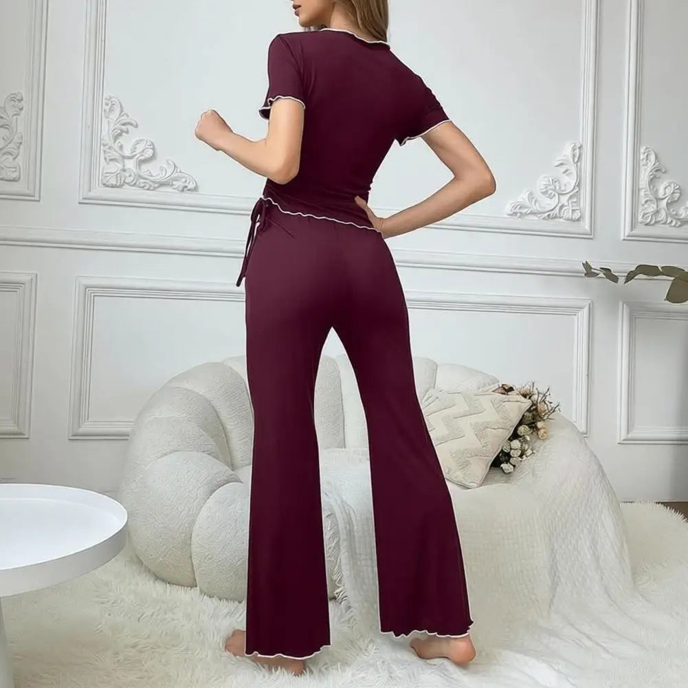 2Pcs Summer Women Pajama Set Slim Fit Short Sleeves V Neck Top Elastic Waist Long Pants Trousers Ladies Sleepwear Loungewear