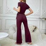 2Pcs Summer Women Pajama Set Slim Fit Short Sleeves V Neck Top Elastic Waist Long Pants Trousers Ladies Sleepwear Loungewear