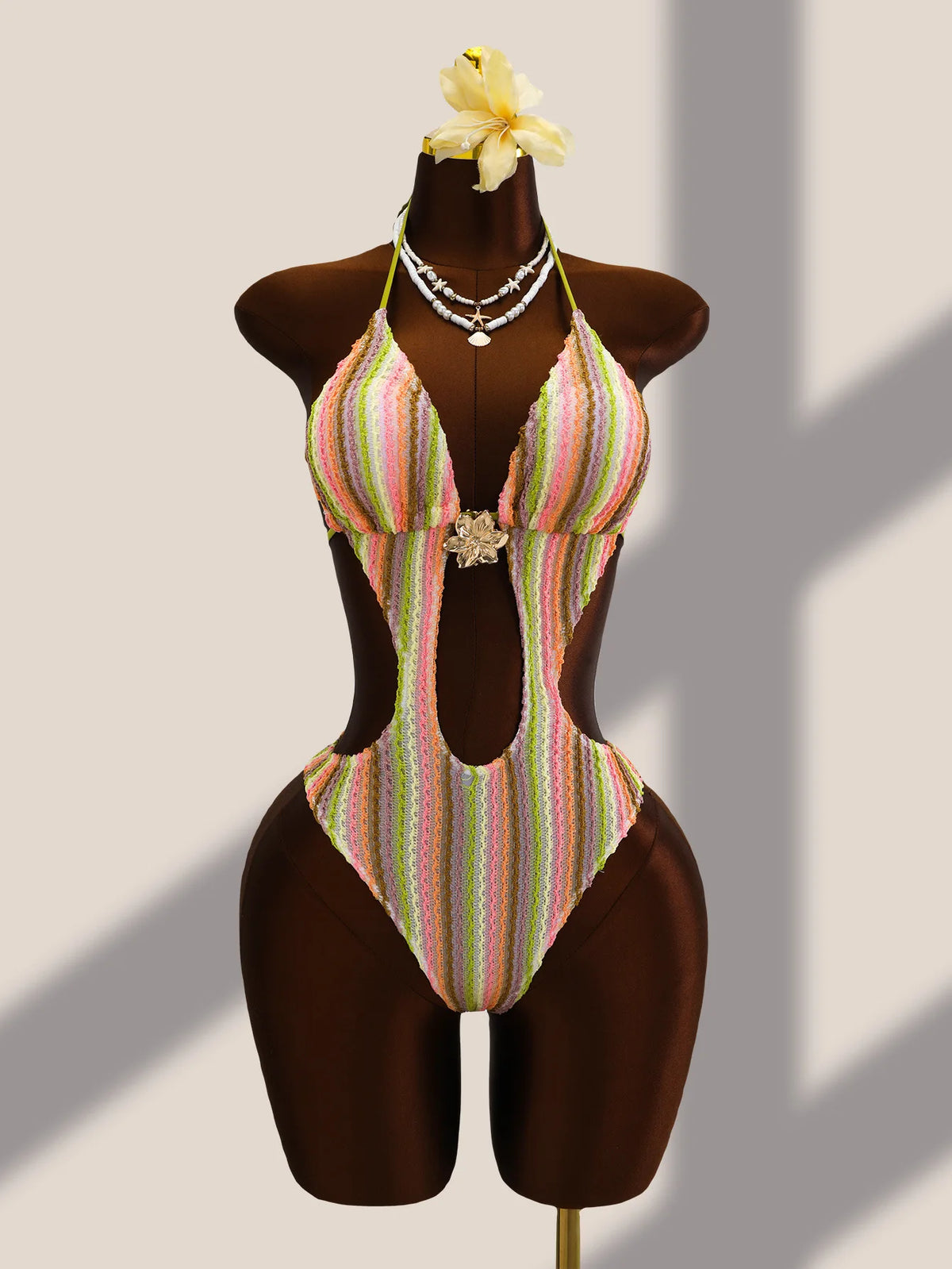 Vintage Black Striped One Piece Swimwear Women 2026 3D Metal Flower Hollow Out Backless Beach Holiday Bathing Suit Swimsuit