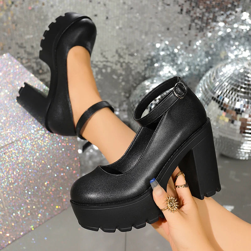 Black Super High Heels Mary Jane Shoes Women Plus Size 42 Chunky Platform Pumps Woman Ankle Buckle Party Wedding High Heel Shoes