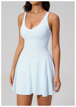 Bodycon Tennis Dress with Shorts Pocket Women Speed Dry Sleeveless V Neck One Piece Sport Outfit Short Dress Fitness Yoga Set