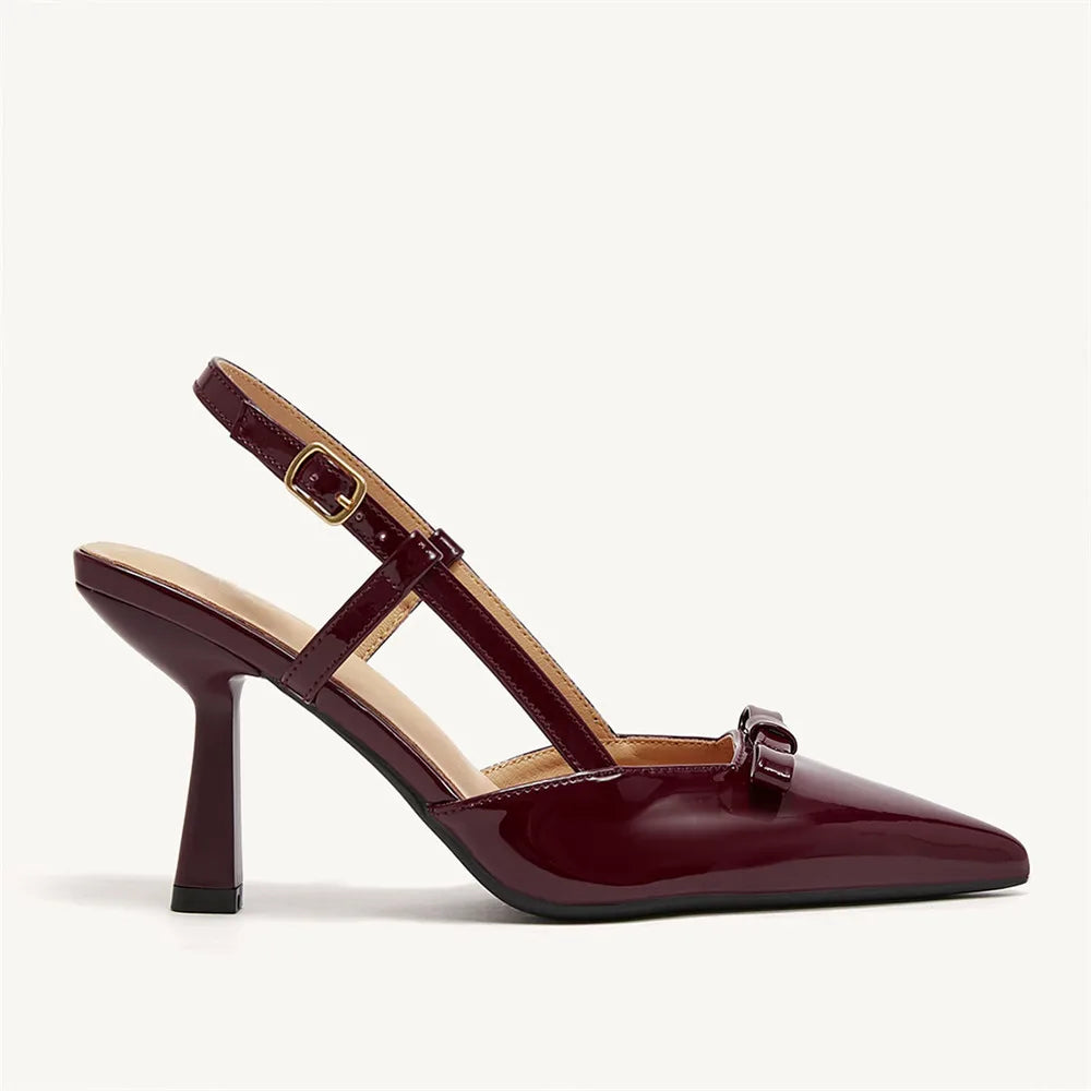 2025 Women's Size 41 Elegant Burgundy Pointy Toe Slingback Pumps Summer Bowknot High Kitten Heels Black Office Lady Shoes