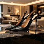 Women Slingback High Heels Pumps Pointed Toe Thin Stiletto Heel Black PU Leather Ankle Buckle Dress Shoes for Party Wedding Offi